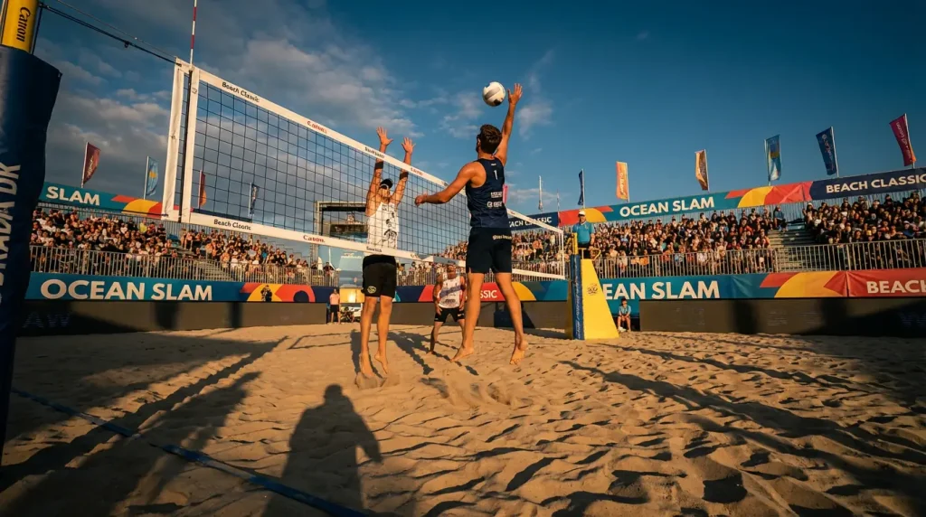 Zwei Beach-Volleyball-Spieler am Netz auf einem Sandplatz bei Sonnenschein