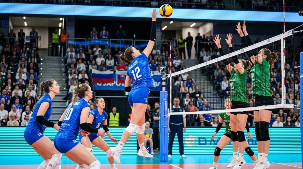 Damen-Volleyball-Spielerin beim Angriff am Netz in einer Hallenvolleyball-Szene