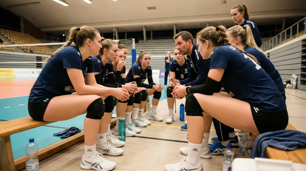 Volleyball-Spieler bei einer Auszeit auf der Bank in einer ruhigen Hallenszene