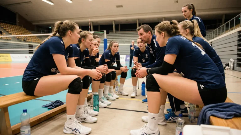 Volleyball-Spieler bei einer Auszeit auf der Bank in einer ruhigen Hallenszene