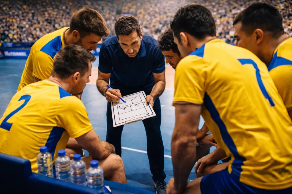 Volleyball-Spieler bei einer strategischen Besprechung während einer Auszeit