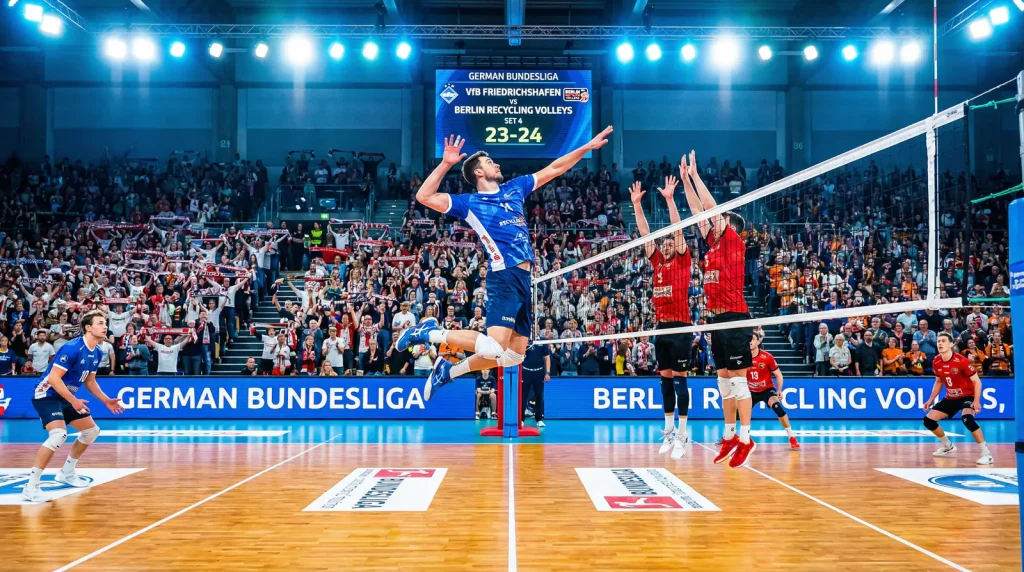 Volleyball-Spielszene in einer deutschen Bundesliga-Halle mit Zuschauern