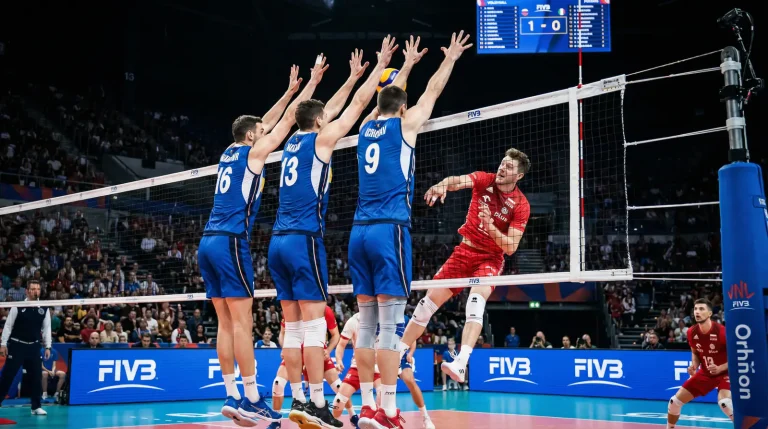 Volleyball-Spieler beim Block am Netz mit deutlichem Kräfteunterschied