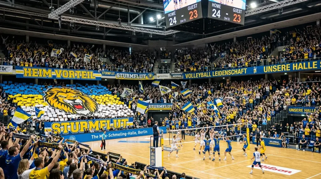 Volleyball-Heimspiel mit begeisterten Fans auf der Tribüne und Spielern auf dem Feld