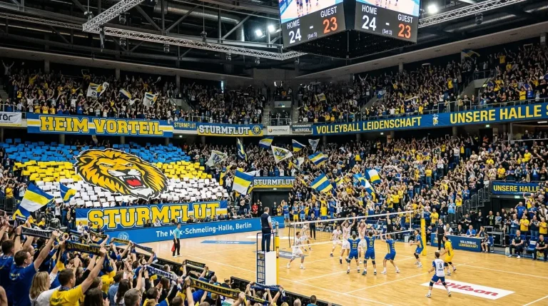 Volleyball-Heimspiel mit begeisterten Fans auf der Tribüne und Spielern auf dem Feld