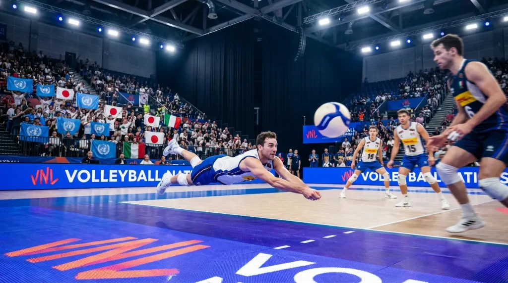Volleyball Nations League Spielszene mit internationalen Teams in einer modernen Halle