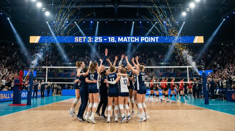 Volleyball-Team feiert einen gewonnenen Satz mit Jubel auf dem Spielfeld