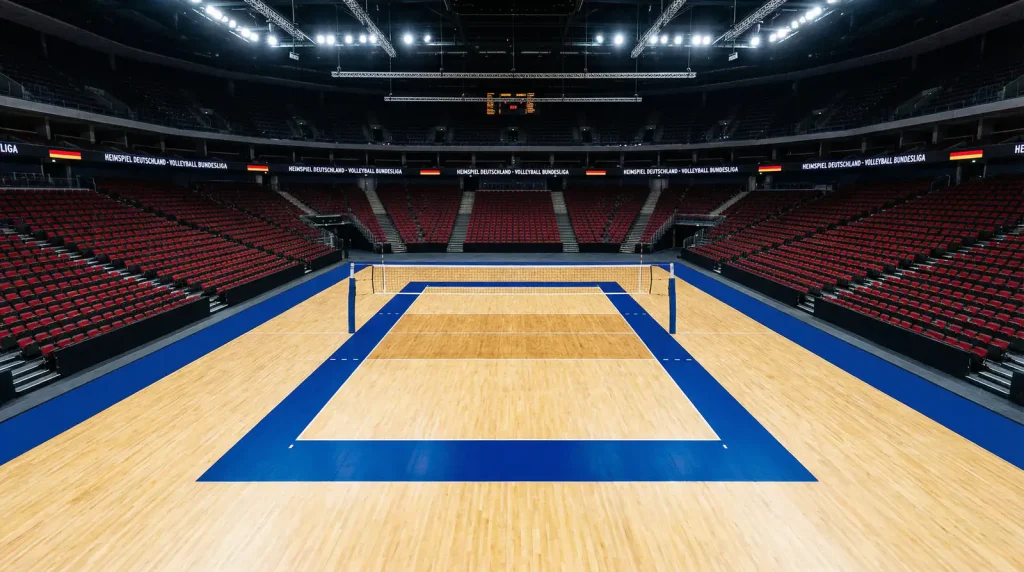 Volleyball-Spielfeld in einer deutschen Arena mit offiziellen Wettbewerbsmarkierungen