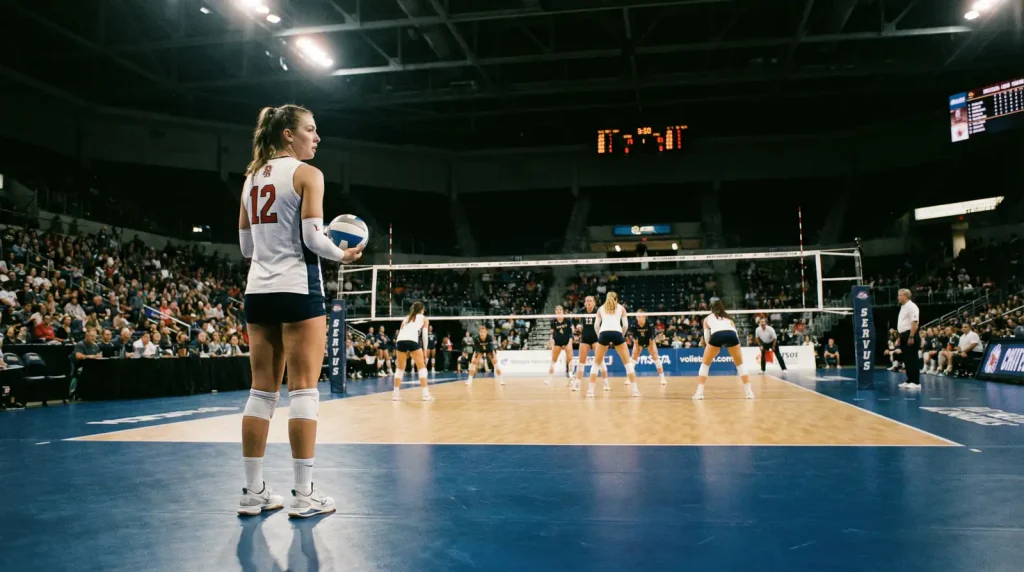 Volleyball-Spieler analysiert das gegnerische Spielfeld vor dem Aufschlag