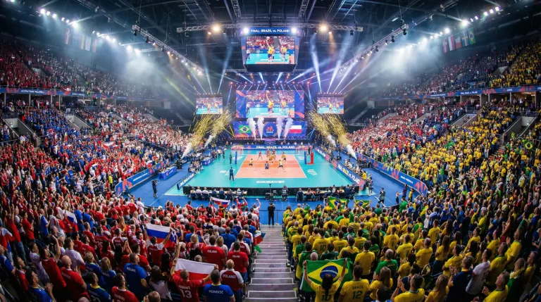 Volle Volleyball-Arena mit begeisterten Zuschauern bei einem internationalen Turnier