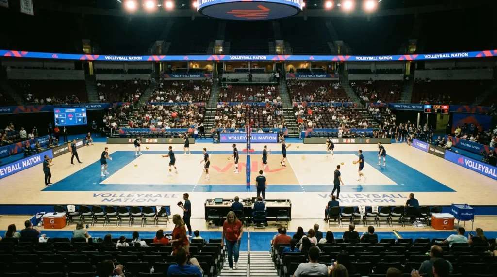 Volleyballfeld mit Netz aus der Zuschauerperspektive in einer beleuchteten Halle