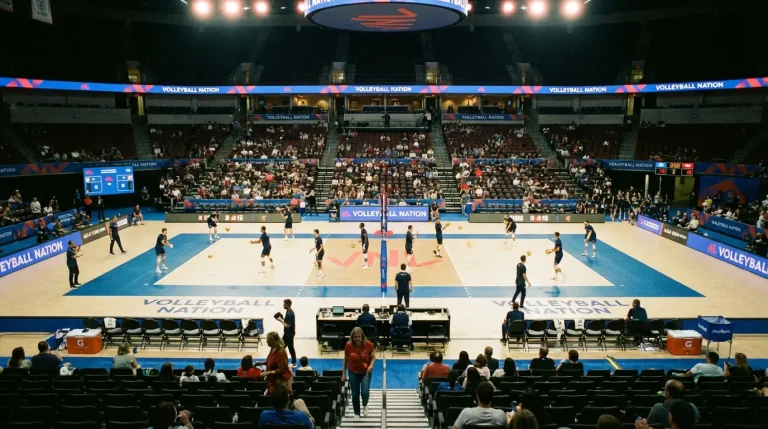 Volleyballfeld mit Netz aus der Zuschauerperspektive in einer beleuchteten Halle