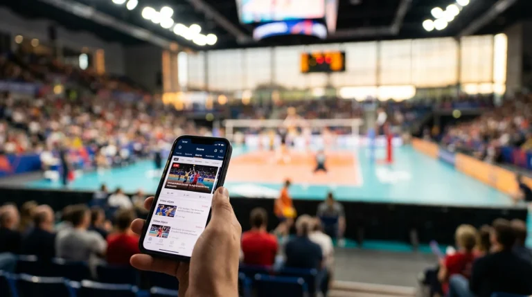 Smartphone vor einem Volleyball-Spielfeld mit laufendem Hallenspiel im Hintergrund
