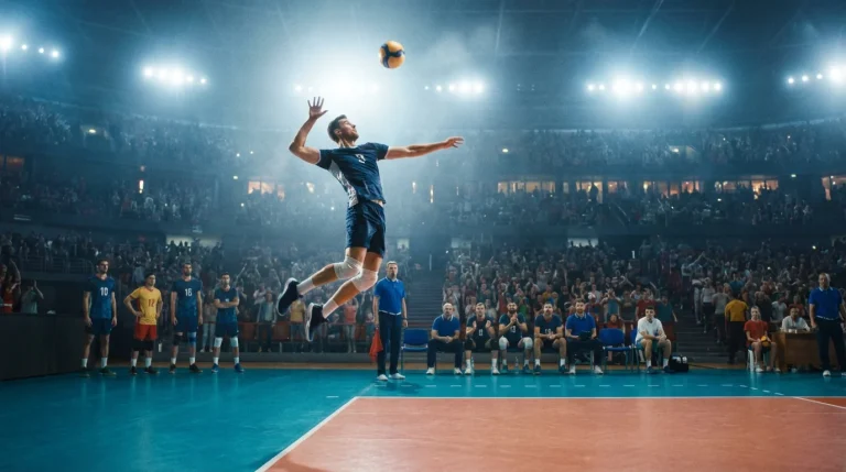 Volleyball-Aufschlag eines Spielers in einer professionellen Hallenszene