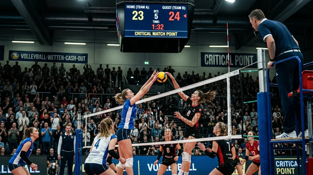 Spannender Volleyball-Spielmoment mit knappem Punktestand auf der Anzeigetafel