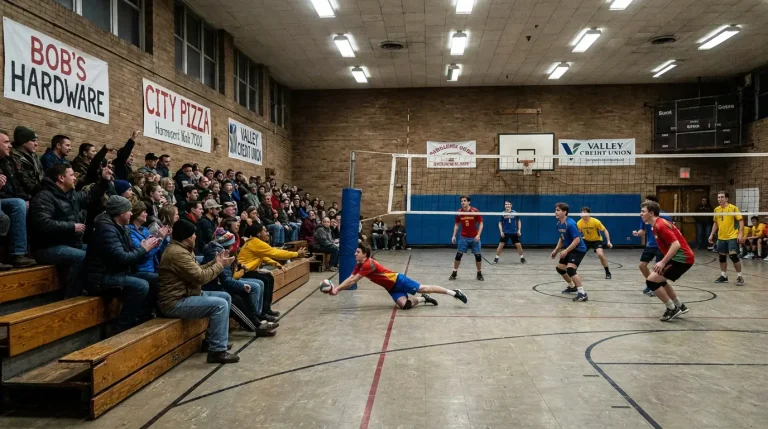 Volleyball-Spiel in einer kleineren Halle einer Nischenliga mit lokalen Fans