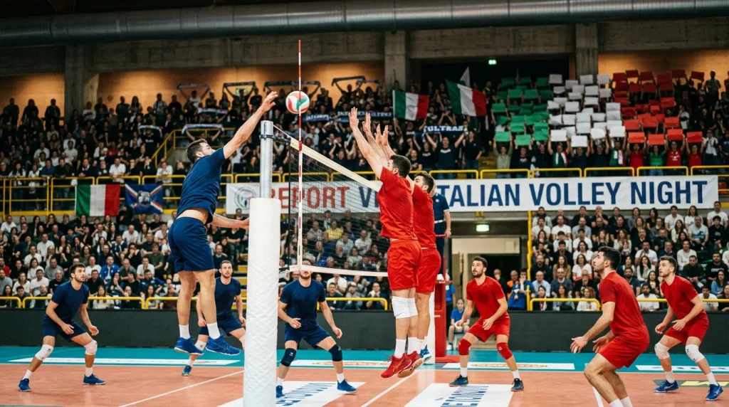 Italienische SuperLega Volleyball-Spielszene in einer vollen Arena in Italien