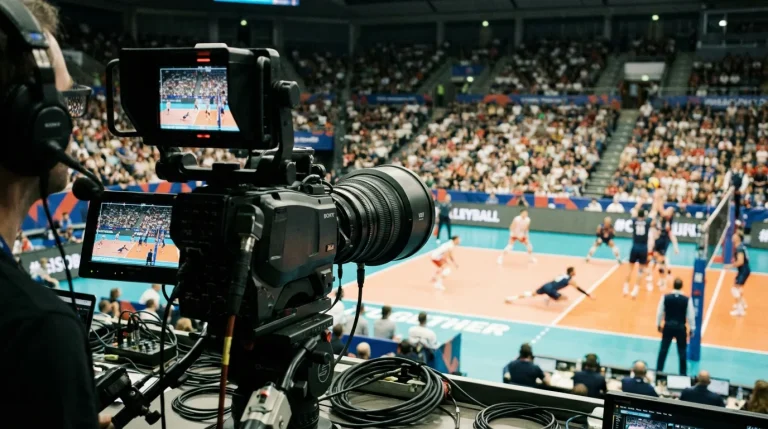 Volleyball-Spiel aus der TV-Kameraperspektive in einer professionellen Arena