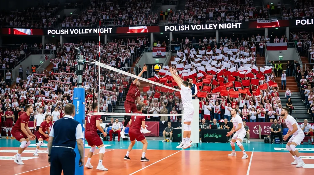 Polnische PlusLiga Volleyball-Spielszene in einer vollen Halle in Polen