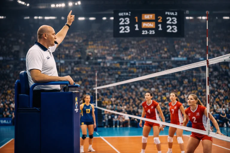 Volleyball-Schiedsrichter auf dem Hochstuhl während eines Hallenspiels