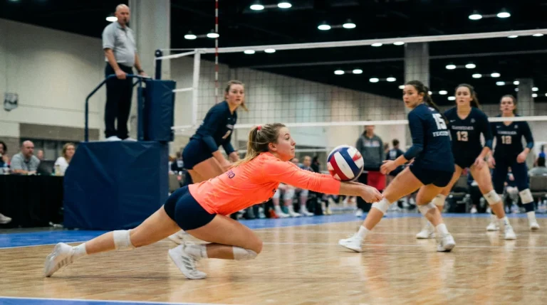 Volleyball-Libero bei der Annahme eines harten Aufschlags in einer Spielszene