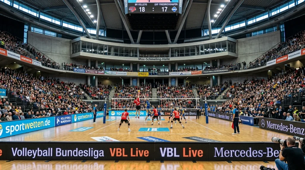 Volleyball-Halle in Deutschland mit Spielern auf dem Feld und Zuschauertribüne