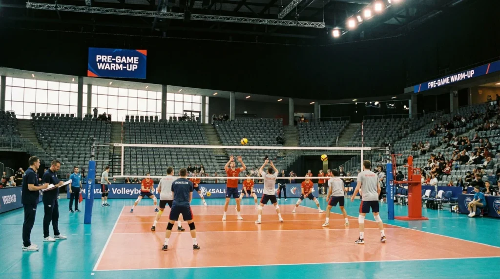 Volleyball-Spieler beim Aufwärmen vor einem wichtigen Hallenspiel