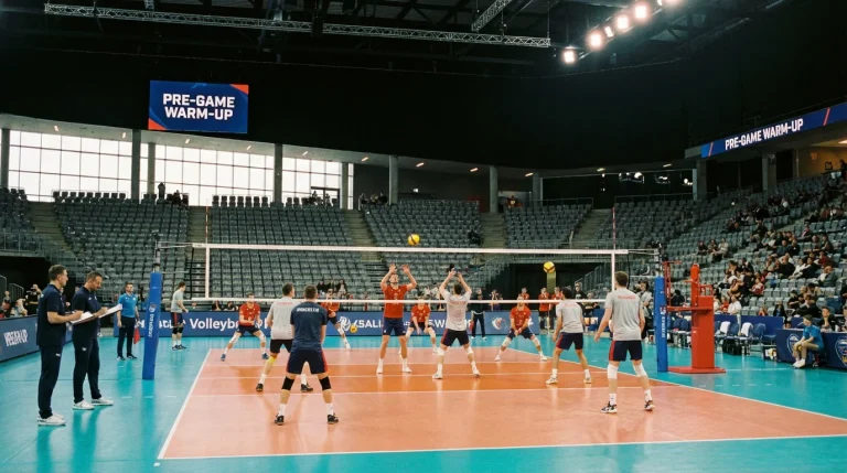 Volleyball-Spieler beim Aufwärmen vor einem wichtigen Hallenspiel