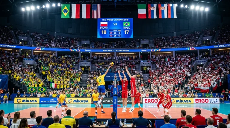 Volleyball-Weltmeisterschaft Spielszene in einer großen Arena mit Nationalmannschaften